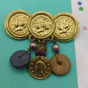 "Triumvirate" Medallion Brooch - Antiqued Gold & Artful Dangles